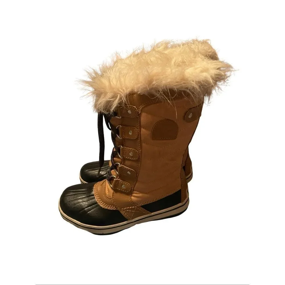 Sorel Tofino II Kids Girls Tan Black Faux Fur Waterproof Winter Snow Boot Size 2